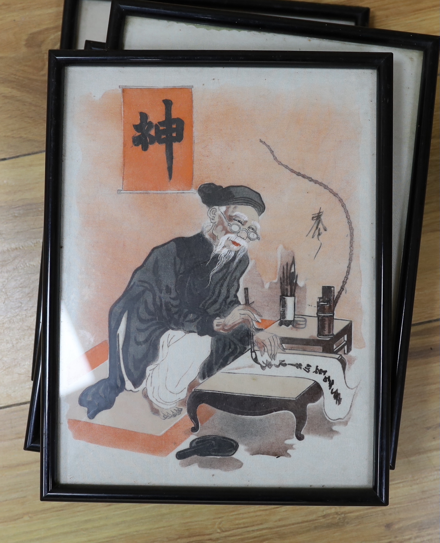 Chinese School, set of eight watercolours on silk, Market sellers, Elders and Scribes, each 24 x 18cm